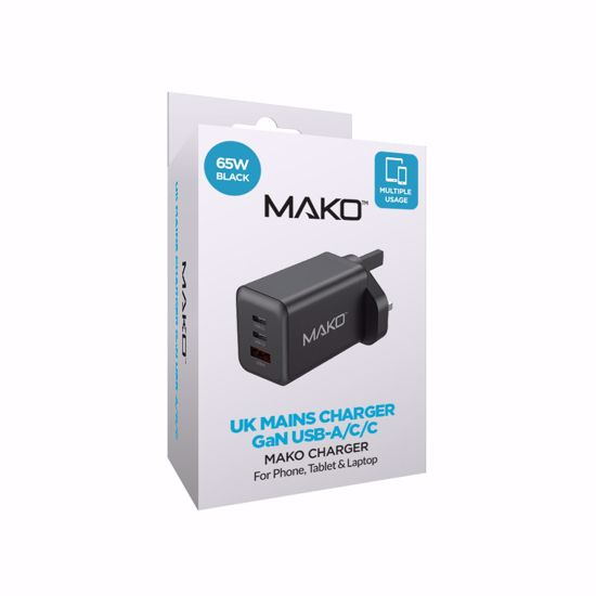 Picture of Mako Mako 65W GaN2 UK Mains Charger for USB-C/USB-C/USB-A in Black